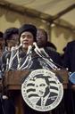 Dr. Martin Luther King, Jr.'s widow, Coretta Scott King, speaks at a 1988 event in which a time capsule holding some of Dr. King's possessions is lowered into the ground at Freedom Plaza on LCCN2011632686.tif.tiff