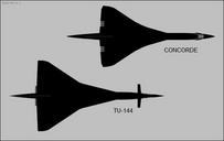 Concorde and Tupolev Tu-144 top-view silhouette comparison.png